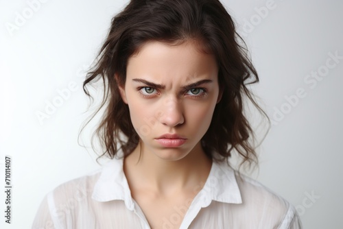 Portrait of young angry woman on white background