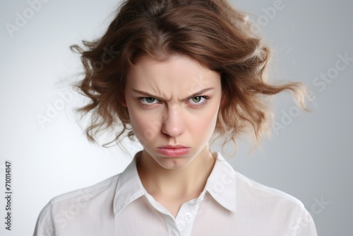 Portrait of young angry woman on white background