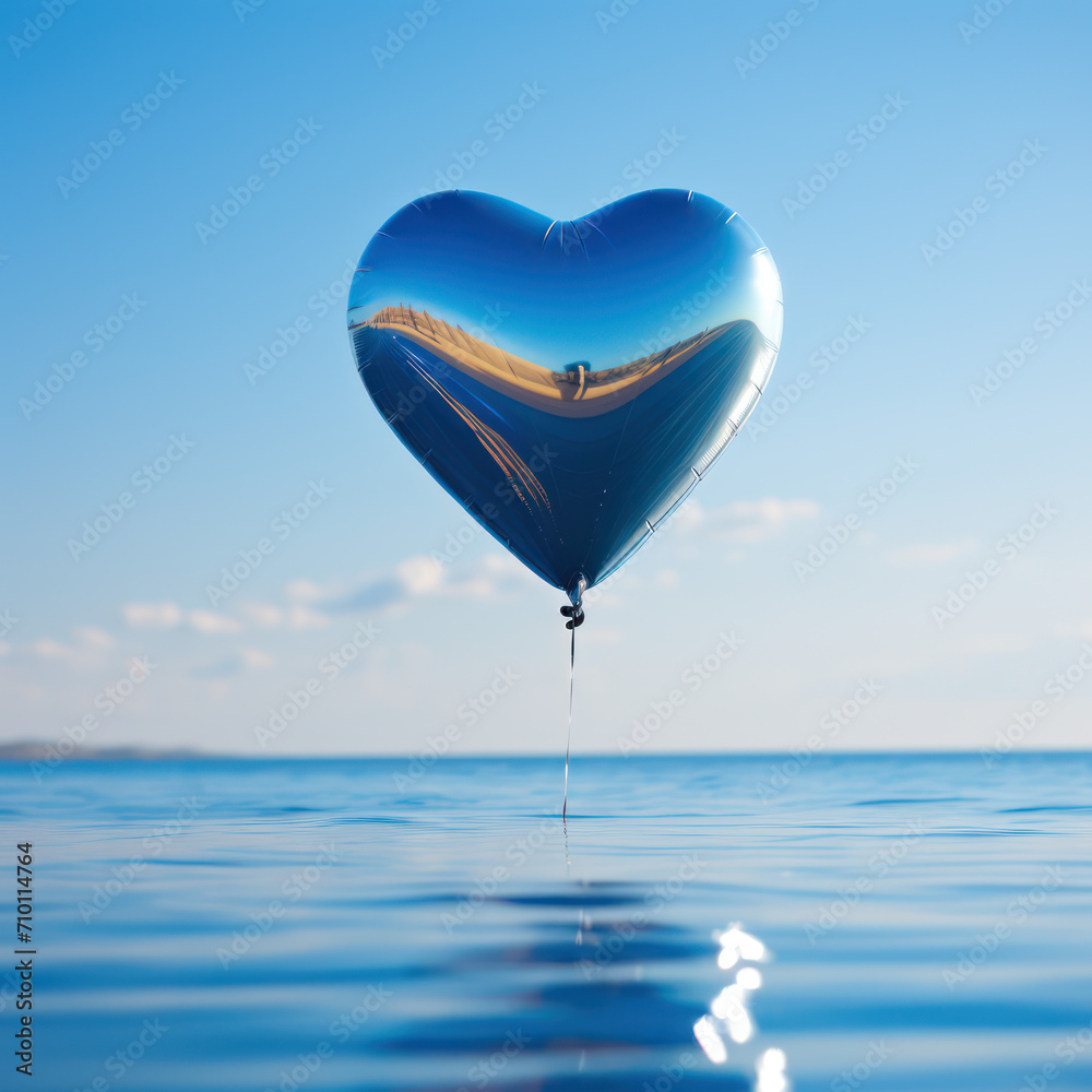 Fototapeta premium metallic heart shape balloon on the ocean 