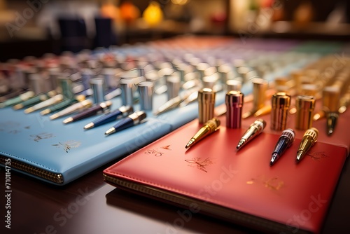Pens of various colors neatly placed around an open planner, ready for scheduling