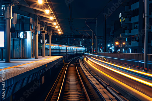 Lichtspuren der Mobilität: Ein langzeitbelichteter Blick auf einen Bahnhof, mit faszinierenden Lichtstreifen von vorbeifahrenden Zügen, eine dynamische Nachtansicht der modernen urbanen Mobilität photo