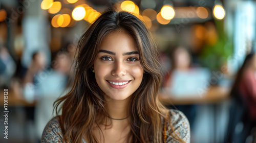 Positive smilling woman wearing striped shirt studio isolated portrait.