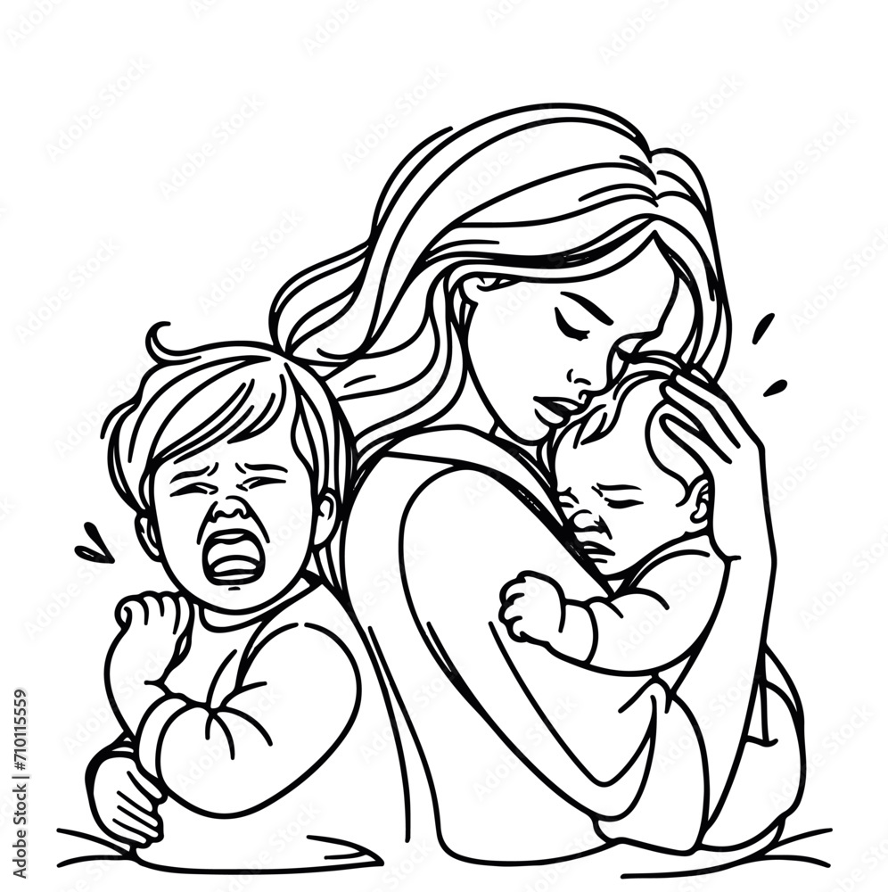 Mother with two crying children. Sketch. Motherhood Mother with two crying children. Sketch. Motherhood