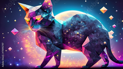 Portrait illustration with a cosmic beauty color cat with stars and moon in the background. Wallpaper 4K	