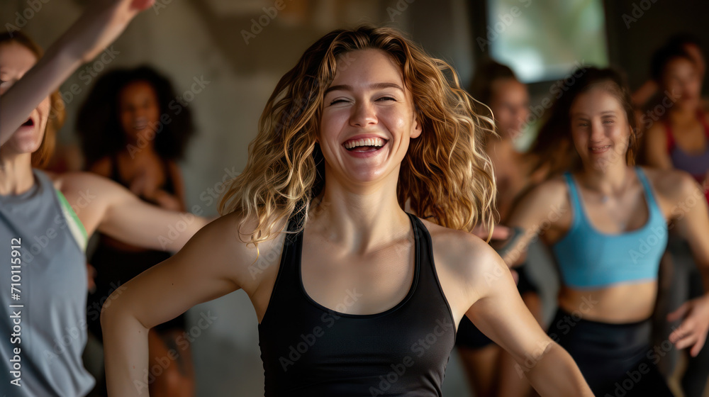 blonde young women are having fun the dance class at the gym with people in background