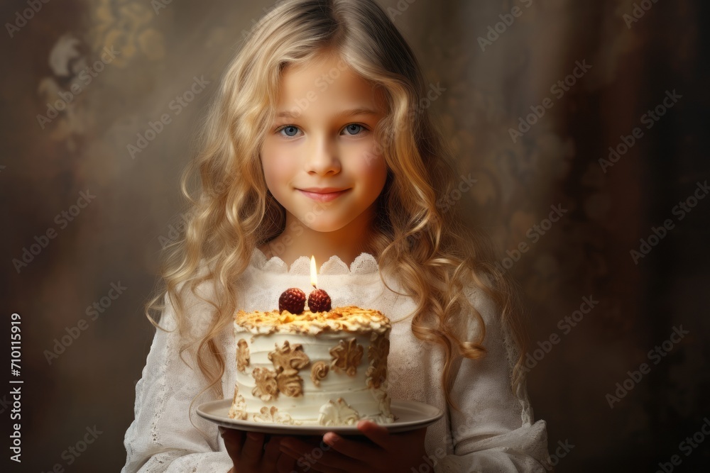 Girl holding a delicious sweet cake on a plate in front of her, homemade cake