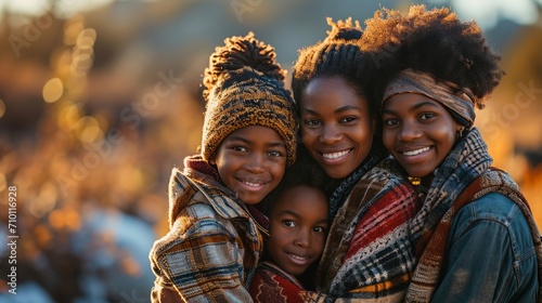 A portrait of African-American siblings taken in the golden hour with autumnal colors expressing joy and togetherness  photo