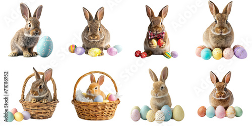 Set of rabbits with egg and basket in easter festival theme 3d without backoground png for decoration. Created using generative AI.