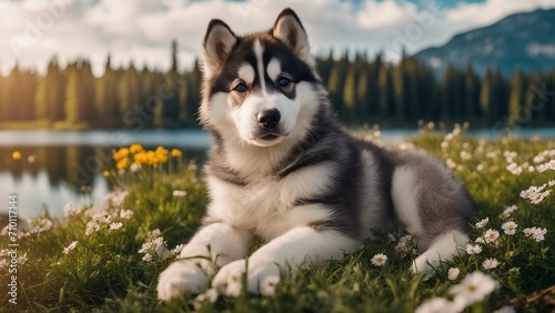 siberian husky puppy An endearing scene of a Malamute puppy and adult resting together in a field of blooming alpine flow  photo