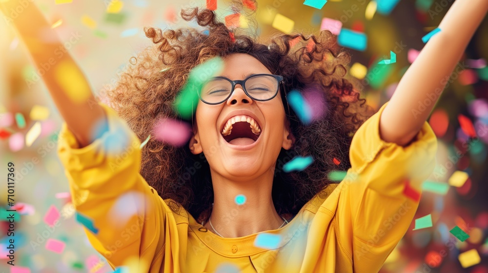 Joyful young woman in yellow celebrates with arms raised amidst a shower of multicolored confetti, her laughter infectious and spirit uncontained Joyful young woman in yellow celebrates with arms raised amidst a shower of multicolored confetti, her laughter infectious and spirit uncontained