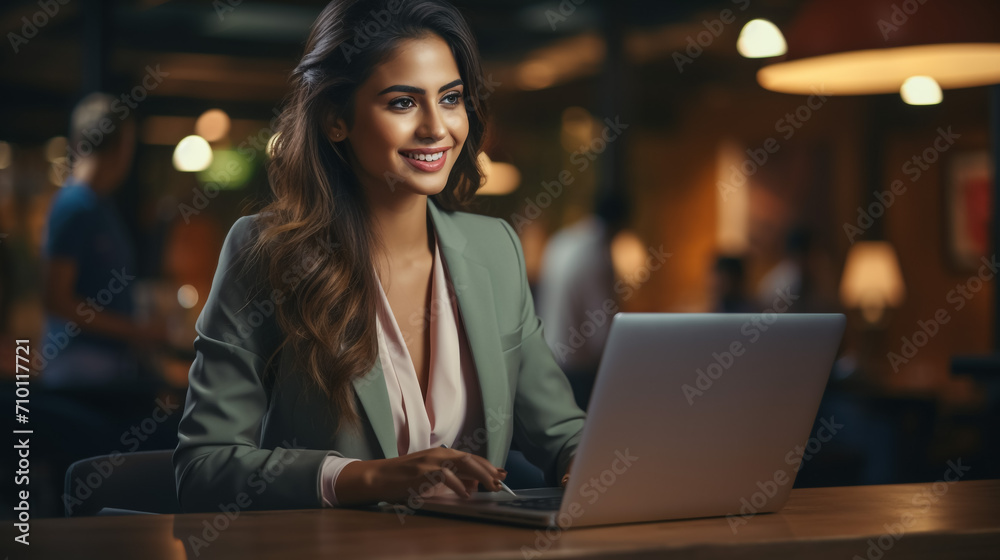 Portrait of happy and successful female programmer inside office at workplace, worker smiling and looking at camera with laptop