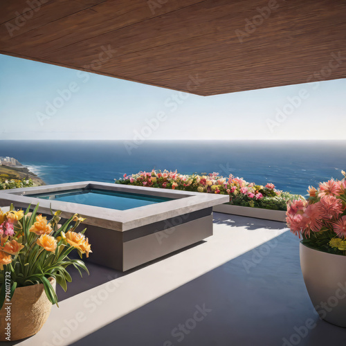 Outdoor patio and small pool in a modern residential building in the evening with lighting and ocean view, hyper-realistic concept of sustainable lifestyle, ecology and ocean recreation,