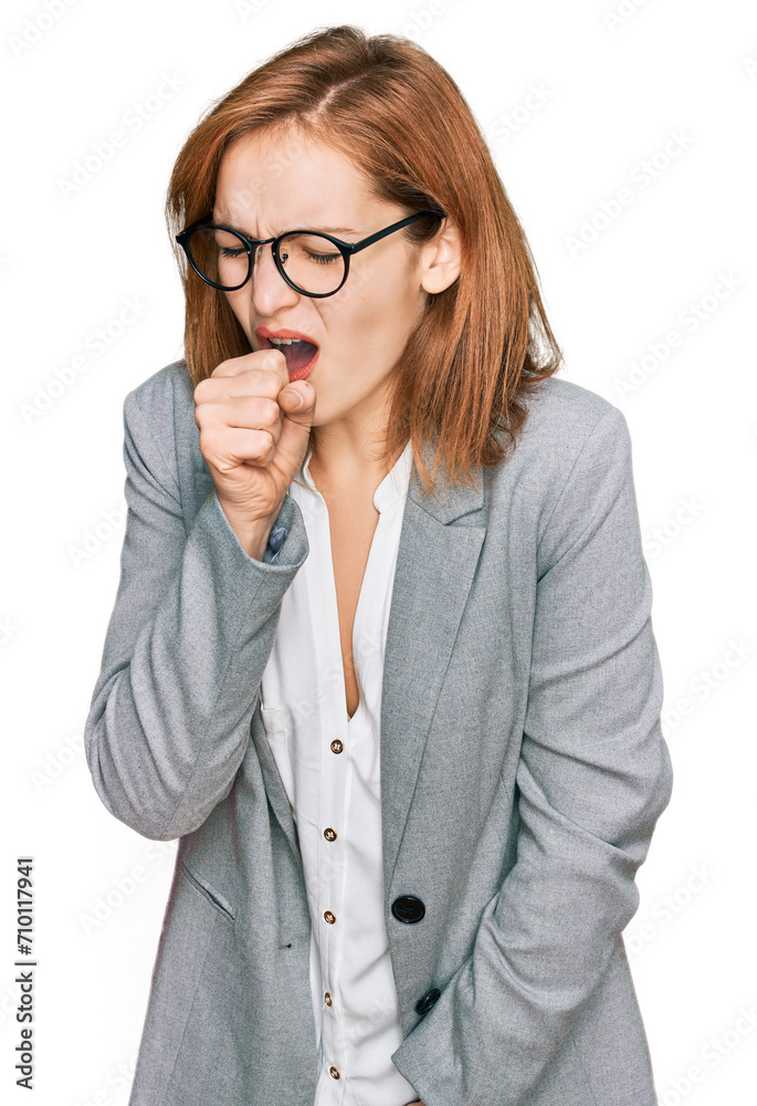 Young caucasian woman wearing business style and glasses feeling unwell and coughing as symptom for cold or bronchitis. health care concept. Young caucasian woman wearing business style and glasses feeling unwell and coughing as symptom for cold or bronchitis. health care concept.