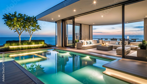Outdoor patio and small pool in a modern residential building in the evening with lighting and ocean view, hyper-realistic concept of sustainable lifestyle, ecology and ocean recreation,