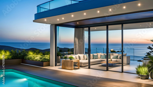 Outdoor patio and small pool in a modern residential building in the evening with lighting and ocean view, hyper-realistic concept of sustainable lifestyle, ecology and ocean recreation, © Perecciv
