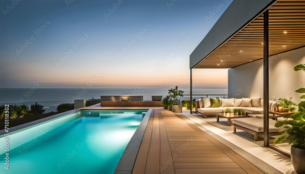 Fototapeta premium Outdoor patio and small pool in a modern residential building in the evening with lighting and ocean view, hyper-realistic concept of sustainable lifestyle, ecology and ocean recreation,