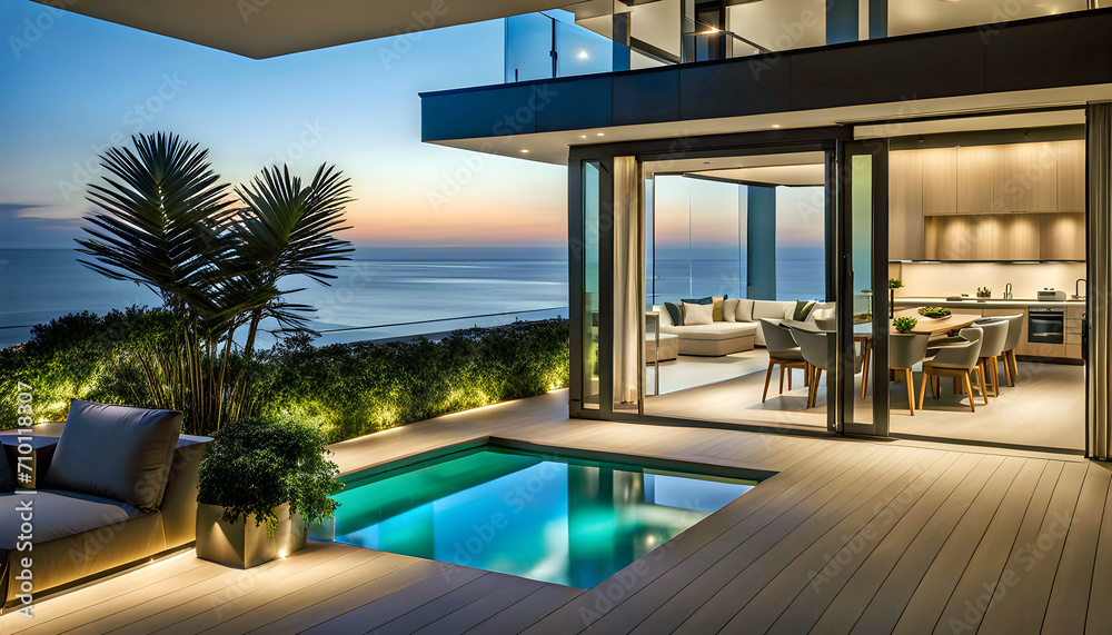 Fototapeta premium Outdoor patio and small pool in a modern residential building in the evening with lighting and ocean view, hyper-realistic concept of sustainable lifestyle, ecology and ocean recreation,