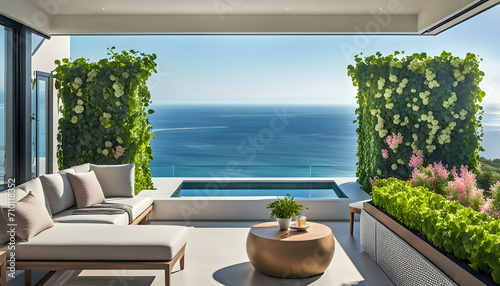 Outdoor patio and small pool in a modern residential building in the evening with lighting and ocean view  hyper-realistic concept of sustainable lifestyle  ecology and ocean recreation 