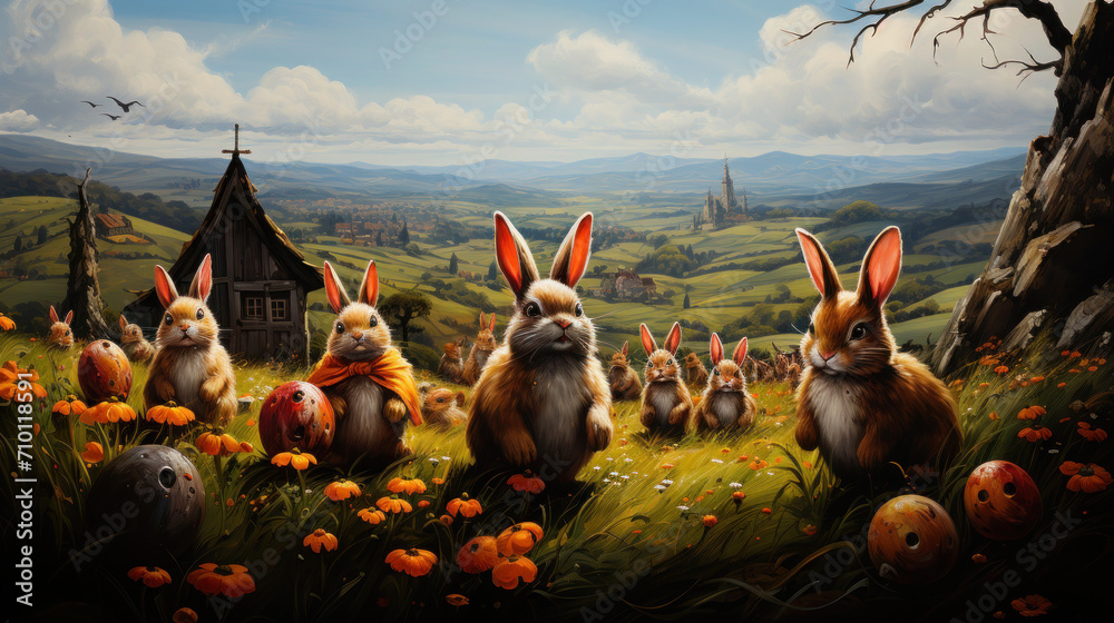 Group of easter rabbits in the valley  - obrazy, fototapety, plakaty 