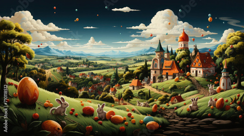 Fantasy landscape with a castle and rabbits 