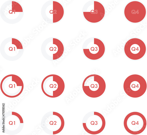 Set of 16 icons representing the financial year divided by quarters in different colors