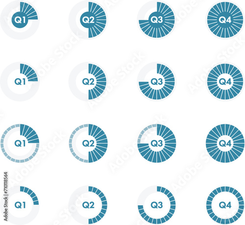 Set of 16 icons representing the financial year divided by quarters in different colors photo