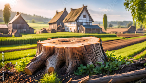 Large detailed scenic wooden stump on a food farm, with a cozy village in the background, a podium for demonstrating organic products,