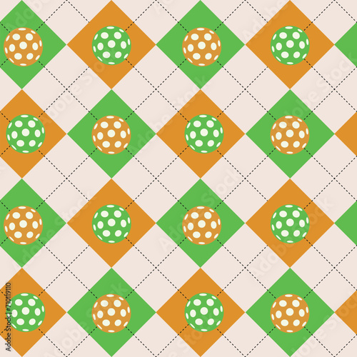 Orange and green pickleballs on argyle seamless pattern. For textile, fabric and gift wrapping paper