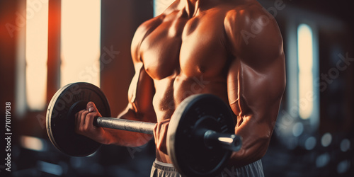 A man works out in the gym, close-up of a dumbbell and muscles. Banner.