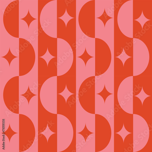 Mid century modern half circles and retro starbursts seamless pattern in pink and orange. For home décor, wallpaper and retro backgrounds.