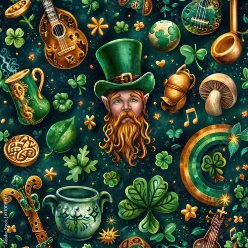 Seamless Vibrant Celtic pattern with leprechauns, rainbows and other traditional symbols