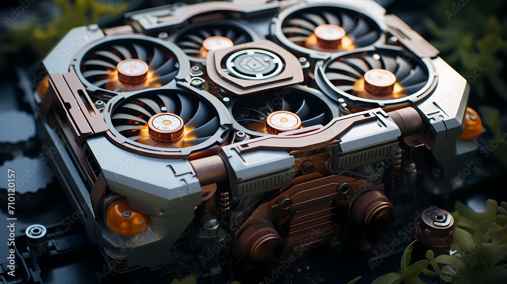 A top-down view of a CPU with a large radiator and multiple fans ...