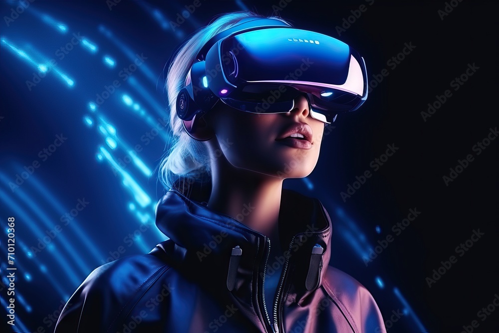 Woman in futuristic costume experiencing virtual reality. Woman in futuristic costume experiencing virtual reality.