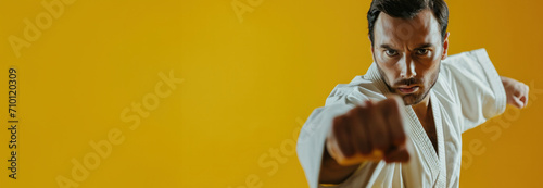 A focused martial artist in white gi performing punches against a yellow background, displaying strength, concentration, and discipline in karate practice. Banner with copy space.