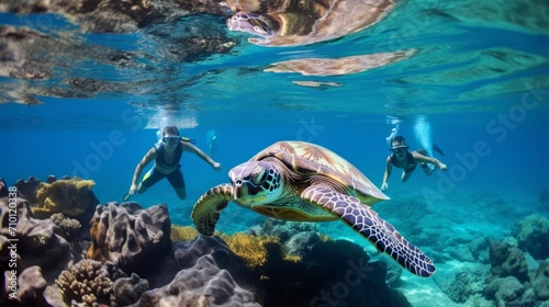 Men snorkeling in crystal clear water with a turtle