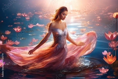 Young fantasy woman dances on water with butterfly wings. © darshika