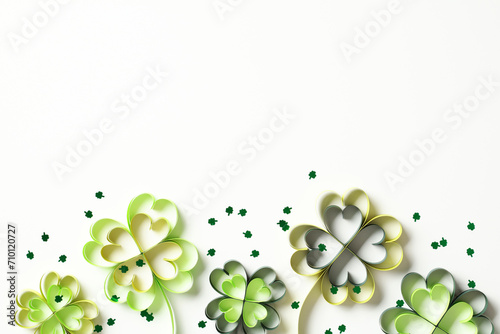 Four leaf clover and confetti on white background. St Patricks Day greeting card design.