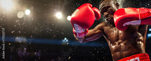 A dynamic close-up of a male boxer at the moment of impact with sweat droplets flying, showcasing athleticism, strength, and the intensity of boxing. Banner with copy space. © zakiroff