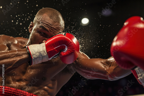 Intense boxing match captured with one fighter delivering a powerful punch, showing determination, athleticism, and the dynamic nature of competitive sports. photo