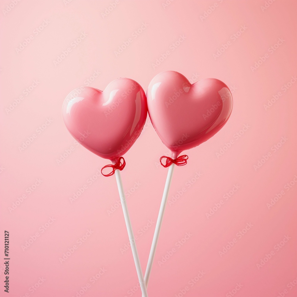 Two Pink Heart Shape Lollipops or Ballons With Copy Space For Text. Valentine's Day Concept