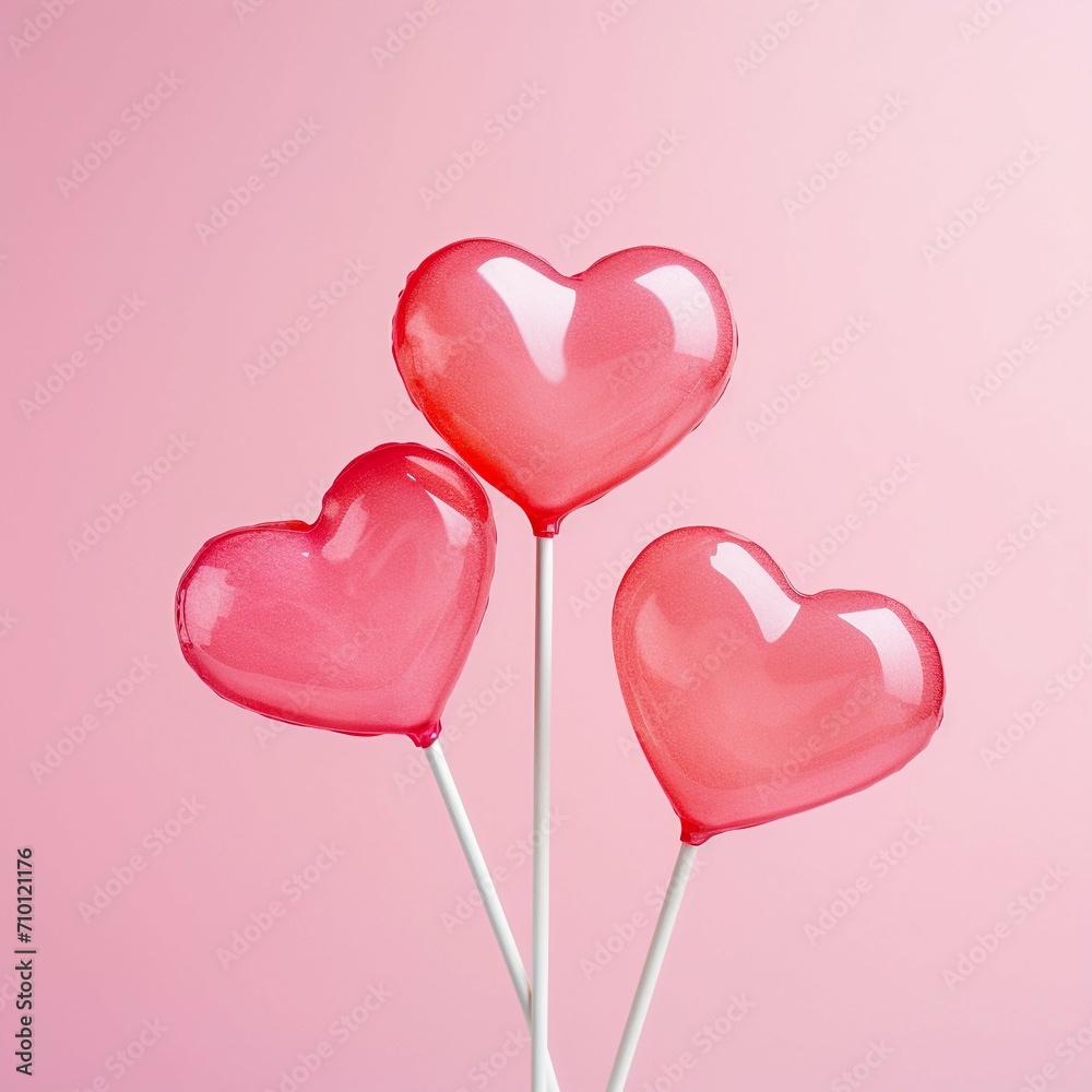 Three Pink Heart Shape Lollipops or Ballons With Copy Space For Text. Valentine's Day Concept