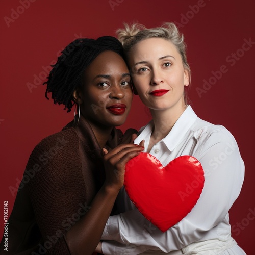Mixed Couple of Lesbian Women Holding A Heart With Their Hands On Valentine s Day