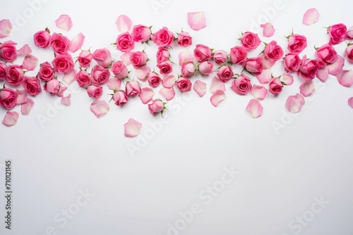 Decorative web banner. Pink rose petals on white background for copy space. Free space for text. top view