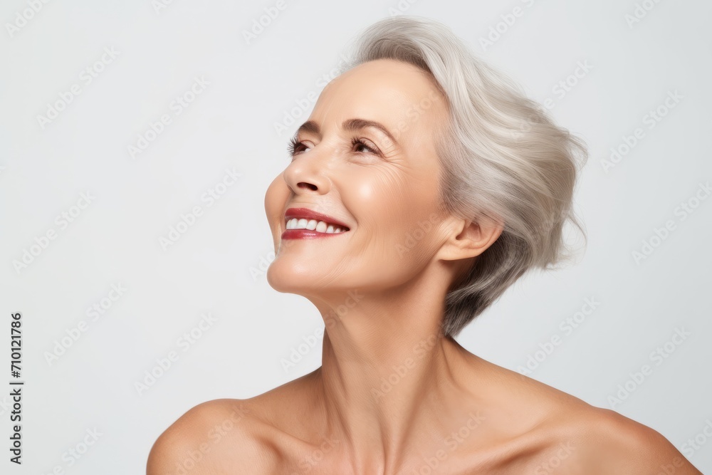 beauty, people and health concept - smiling middle aged woman over grey background beauty, people and health concept - smiling middle aged woman over grey background