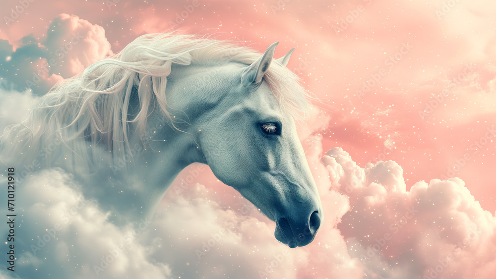A beautiful dreaming horse gazes with mane blending with a fluffy clouds against a soft pink sky