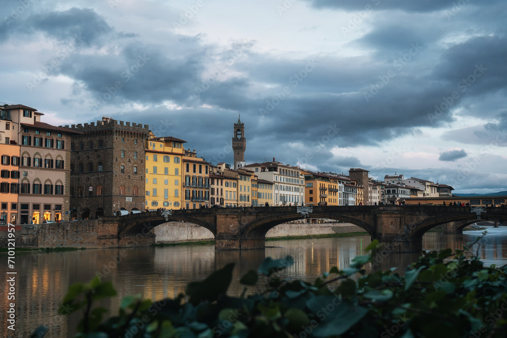 Winter Florence. Bridges over the Arno River and Medieval Architecture.