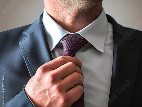 Businessman adjusting his suit tie.