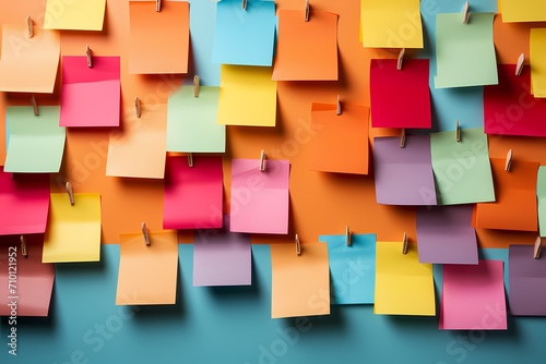 Radiant neon-colored sticky notes arranged in a dynamic formation on a coral background, offering a vibrant and lively space for messages and reminders photo