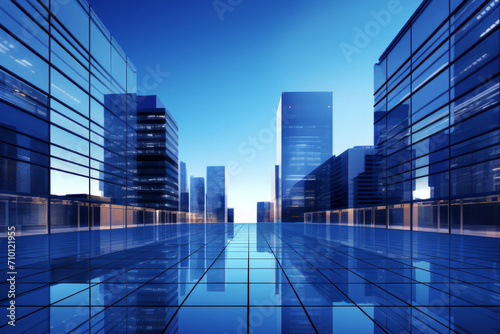 Sleek and modern cityscape showcasing the reflective glass facades of skyscrapers under a clear blue sky. Business finance concept