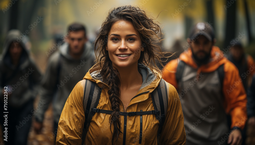 Smiling adults hiking in nature, enjoying outdoor adventure generated by AI Smiling adults hiking in nature, enjoying outdoor adventure generated by AI